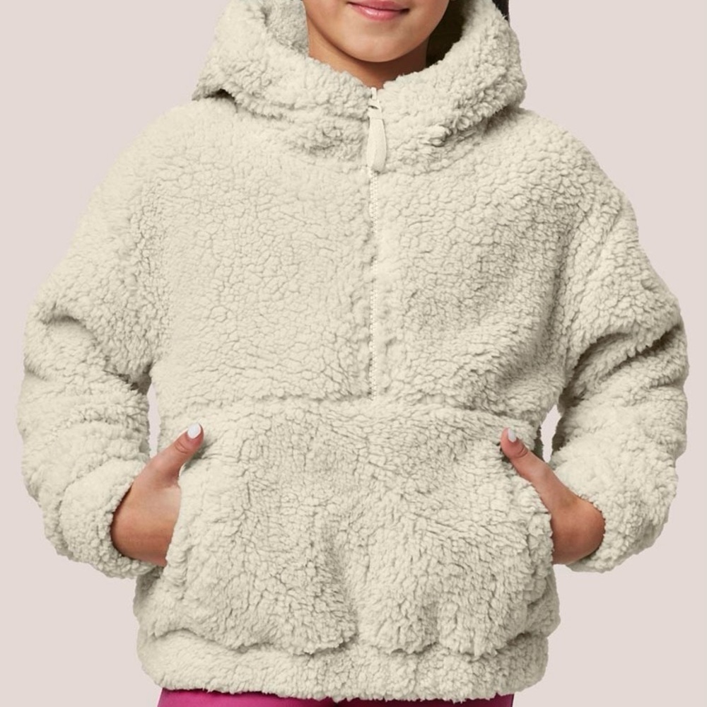Mondetta Girls' Long Sleeve Sherpa Half-Zip Hooded Pullover, Beige‎